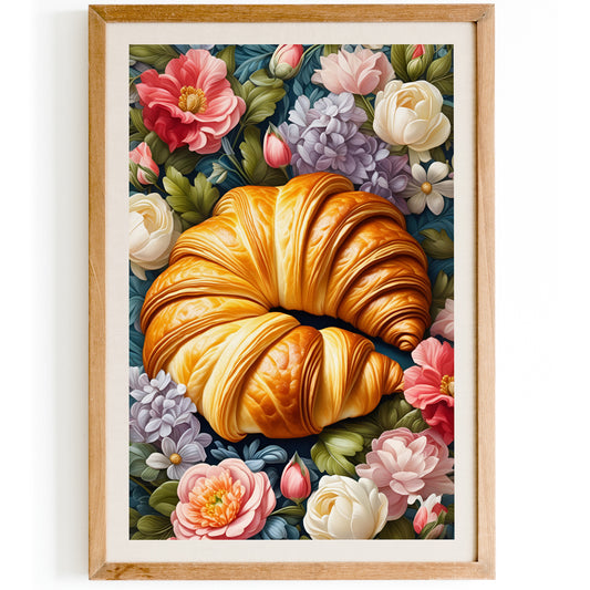 Croissant in Flowers Art Print Cafe Decor