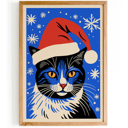 Cat Santa Blue Art Print