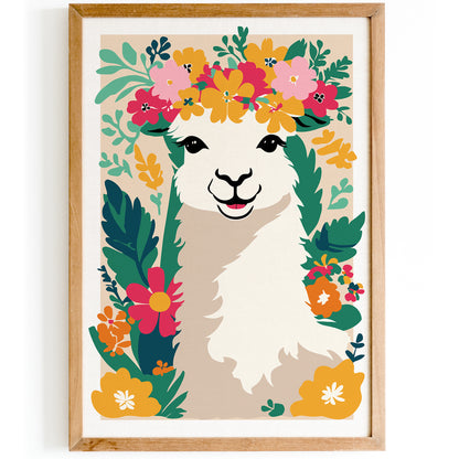 Cute Llama in Flowers, Nursery Room Decor Wall Art