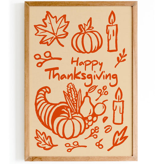 Happy Thanksgiving Wall Art Print – Orange Fall Holiday Decor