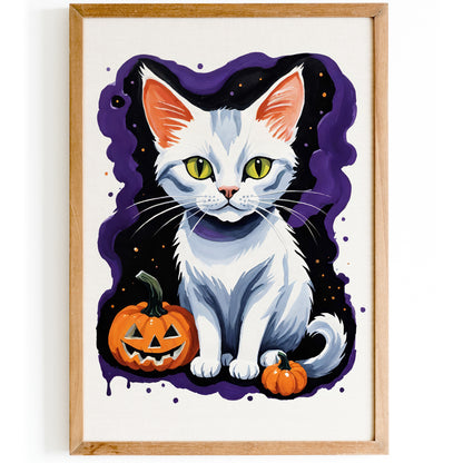 White Cat Halloween Art Print 2025