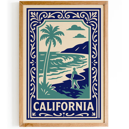 California Vintage Surf Poster - Retro Beach Surfer Wall Art