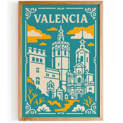Valencia Spain Poster - Teal Yellow Cathedral Wall Art
