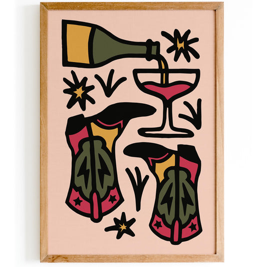 Wine Boots Party Poster - Retro Kitchen Wall Art