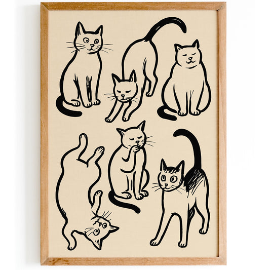 Six Funny Cats Poster - Black Ink Sketch Wall Art Print