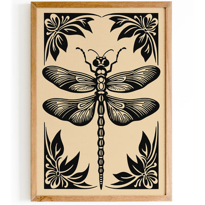 Rustic Black Dragonfly Illustration Print