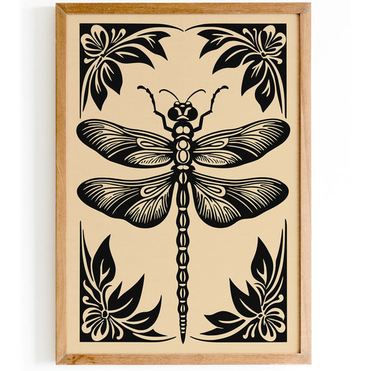 Rustic Black Dragonfly Illustration Print