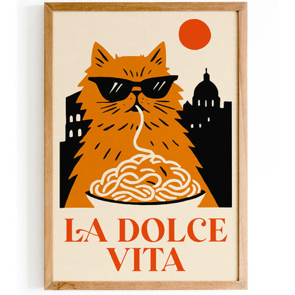 La Dolce Vita Poster - Funny Cat Eating Spaghetti Wall Art Print