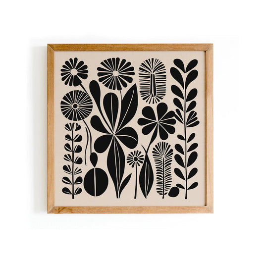 Black Abstract Flowers – Linocut Style Square Art Print