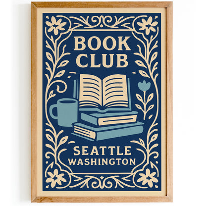 Book Club Seattle Washington Poster - Blue Literary Wall Art Print