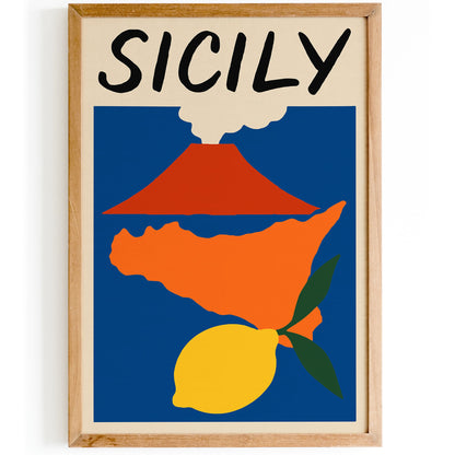 Sicily Map Poster - Colorful Italy Etna Volcano Lemon Print