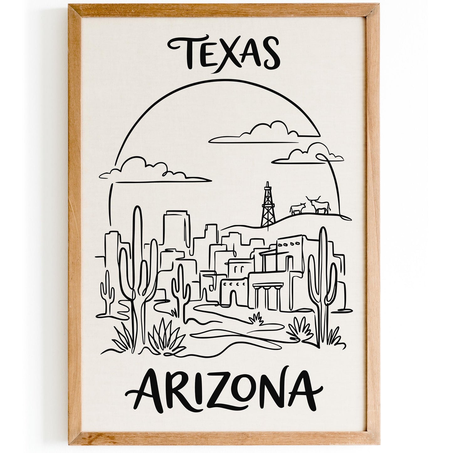 Texas Arizona Line Art BW Poster