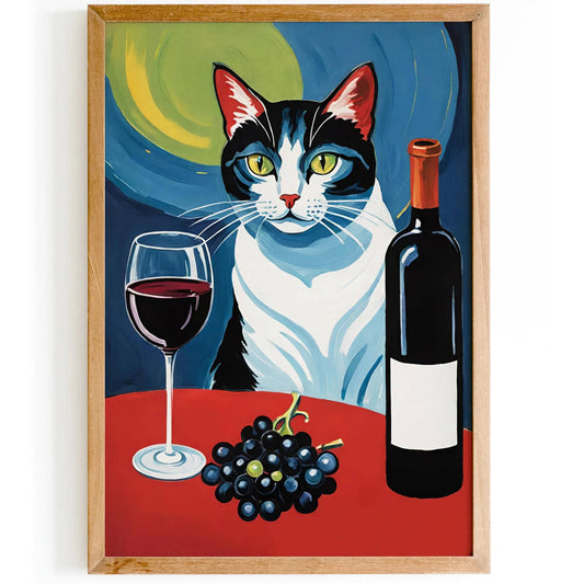 Cat with Wine and Grapes Poster
