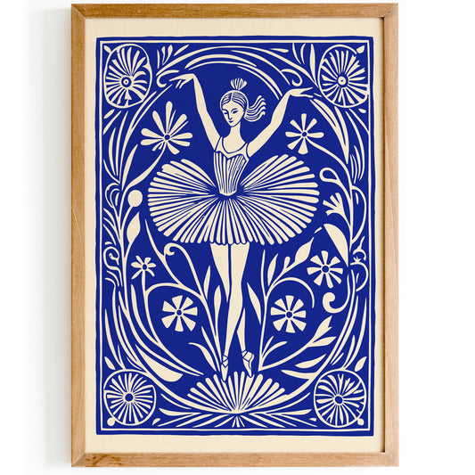 Blue Ballerina Linocut Style Poster