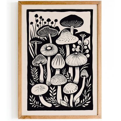 Black&White Mushrooms Linocut Art Print