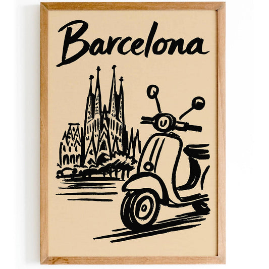 Barcelona Black Ink Style Travel Poster