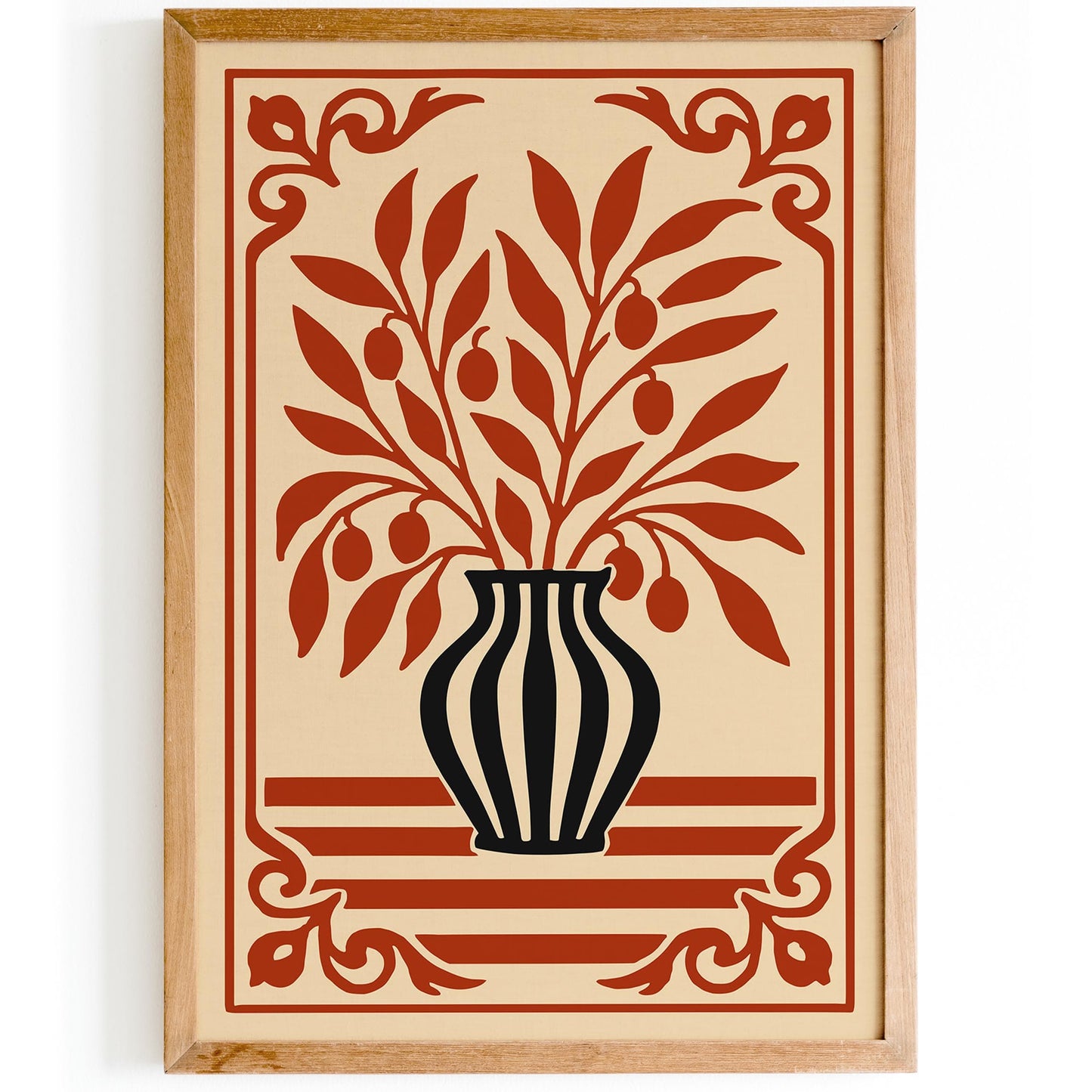 Abstract Botanical Print - Rococo Red Black Art