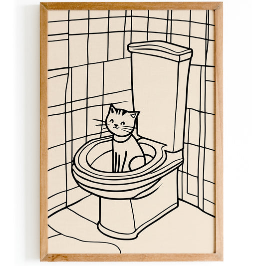 Cat on Toilet - Funny Line Art Print