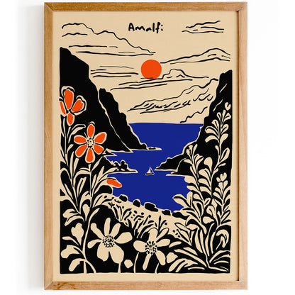 Amalfi Black Ink Style Landscape Art Print