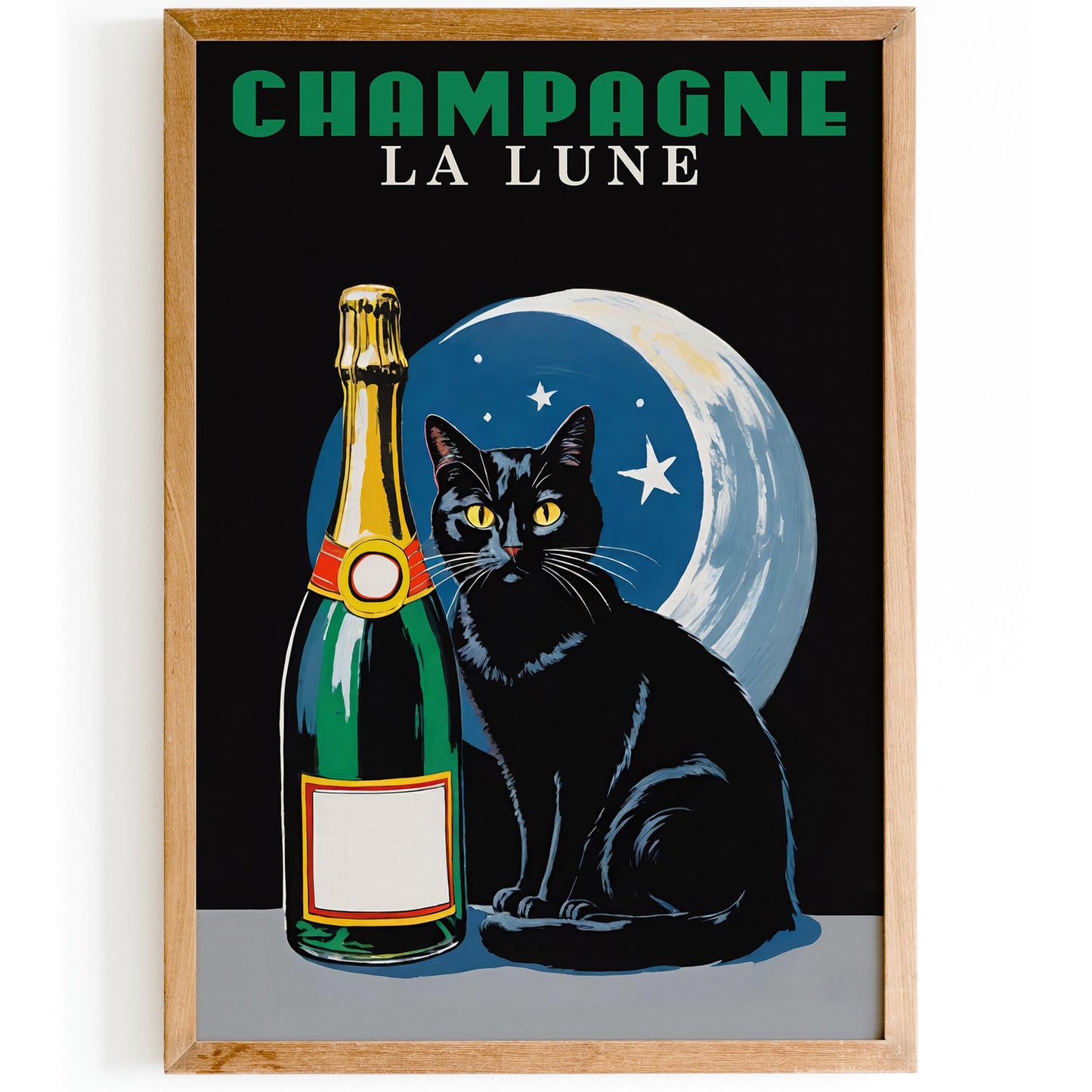 Champagne La Lune Black Cat Art Print