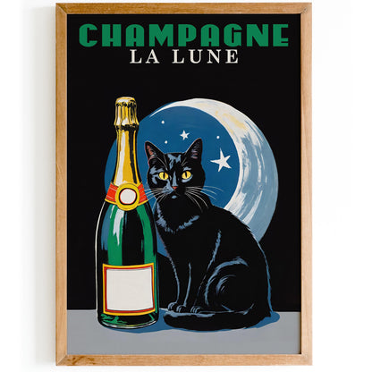 Champagne La Lune Black Cat Art Print