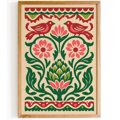 Talavera Artichoke & Birds Poster – Mexican Folk Art