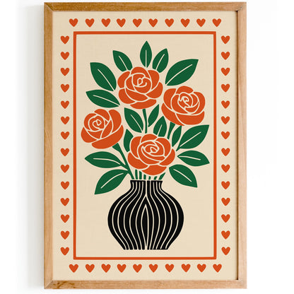 Red Roses Poster - Retro Flowers in Vase Print