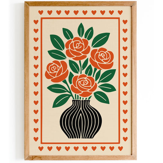 Red Roses Poster - Retro Flowers in Vase Print