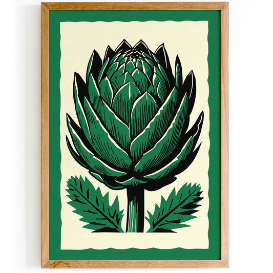 Green Retro Artichoke Linocut Poster