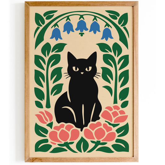 Black Cat Floral Poster