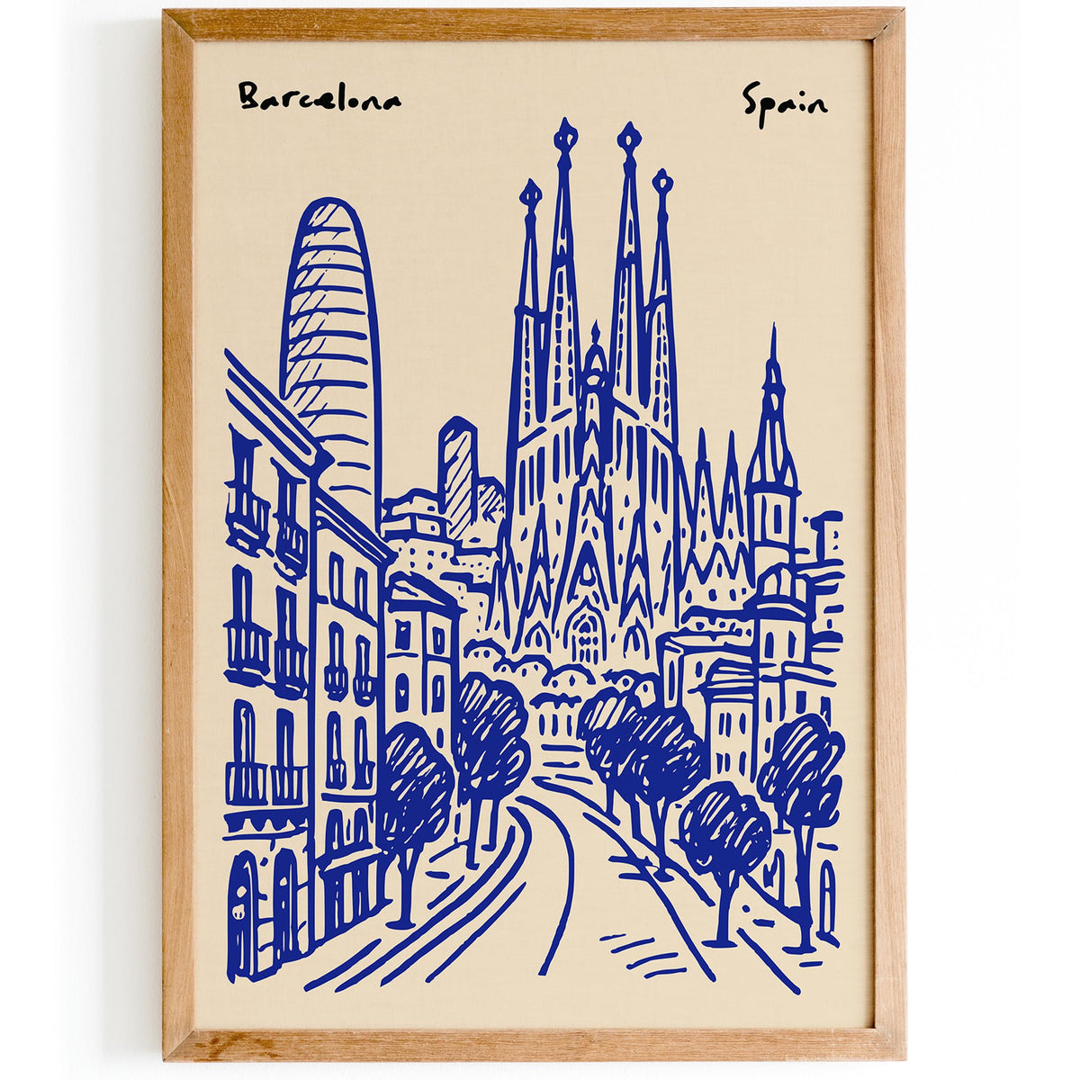 Barcelona Spain Blue Cityscape Travel Poster