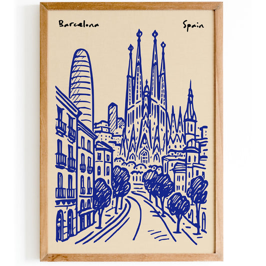 Barcelona Spain Blue Cityscape Travel Poster