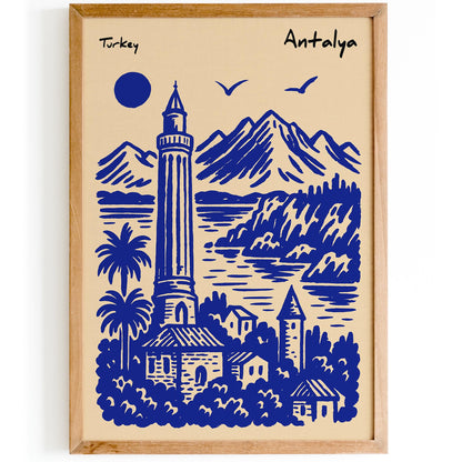 Turkey Travel Poster - Antalya Blue Coastal Art