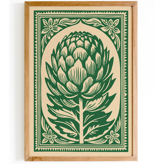 Green Artichoke Linocut Style Poster