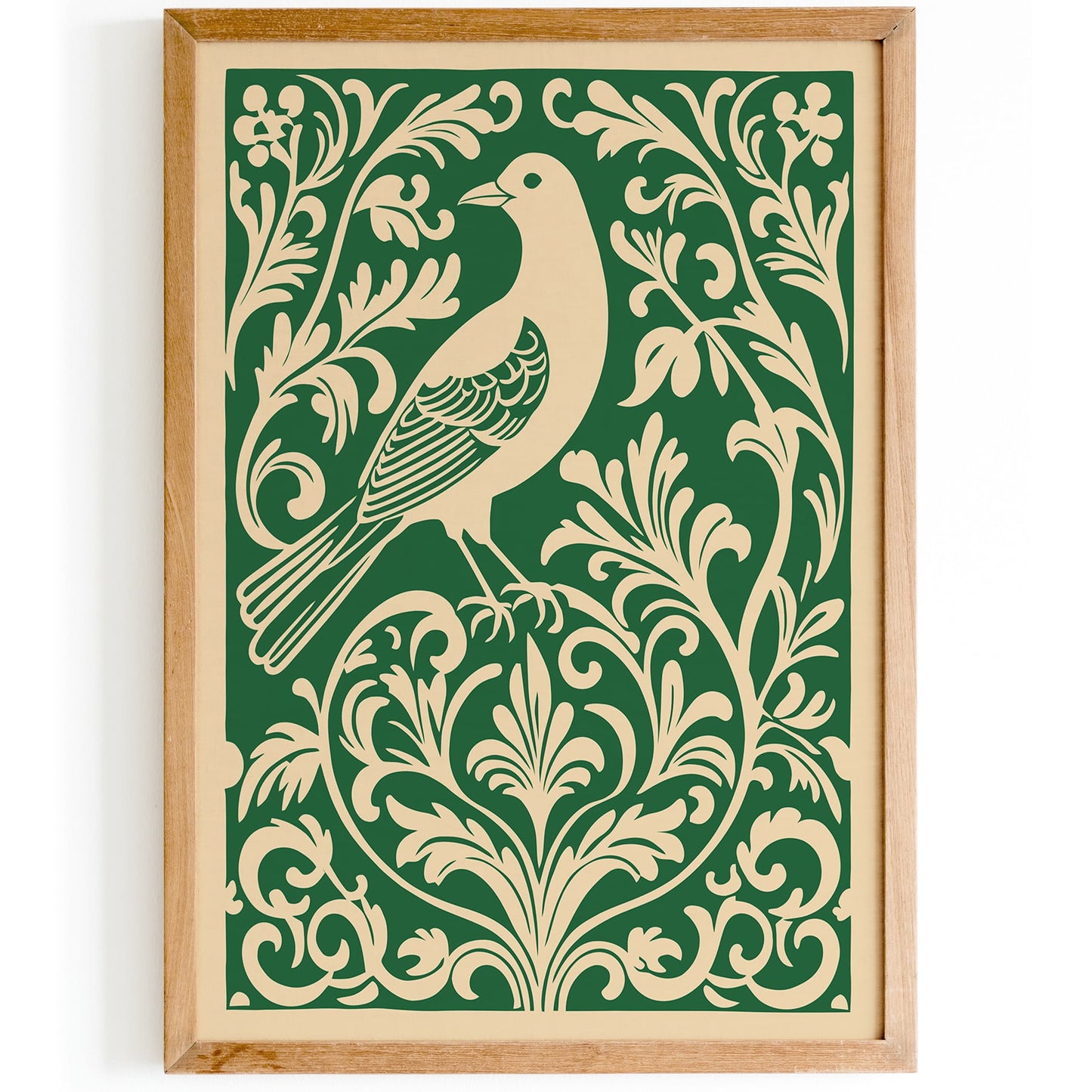 Green Rococo Bird in Floral Pattern Poster