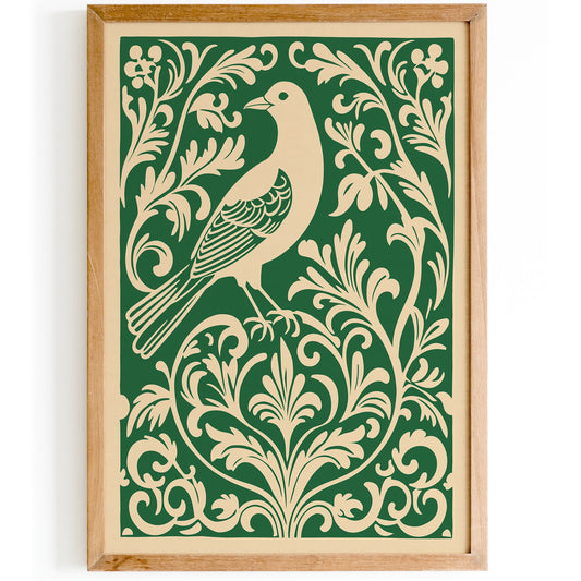 Green Rococo Bird in Floral Pattern Poster