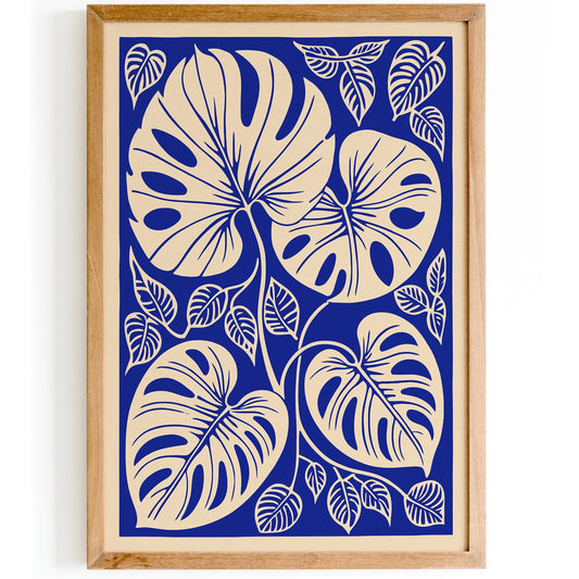 Blue Monstera Leaves Poster - Tropical Plant Wall Art