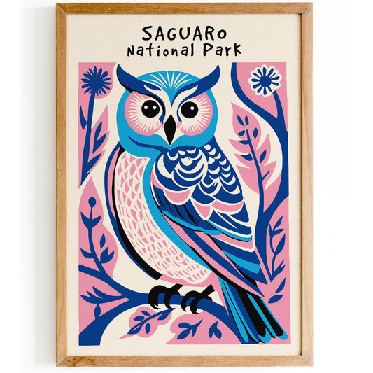 Saguaro National Park Pink Blue Owl Art Print