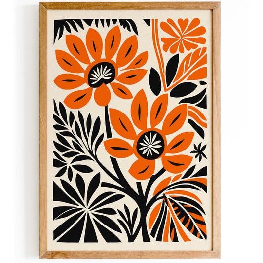 Orange Flowers in Linocut Style Art Print