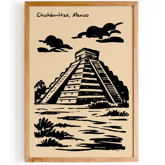 Chichén Itzá Poster - Black Ink Mexico Architecture Print