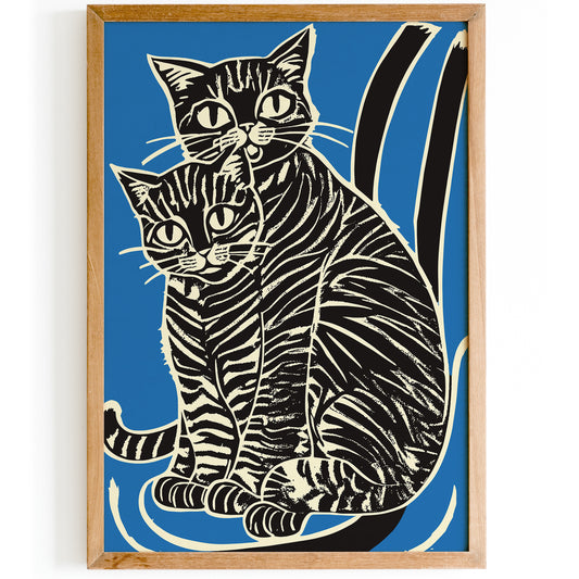 Retro Cats Linocut Poster