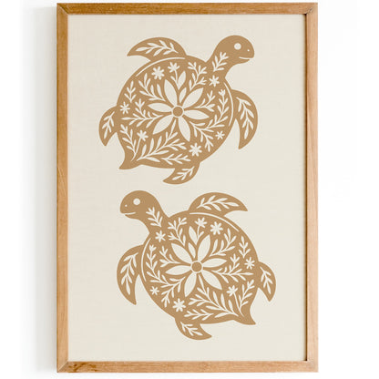 Boho Farmhouse Turtle Linocut Style Art Print