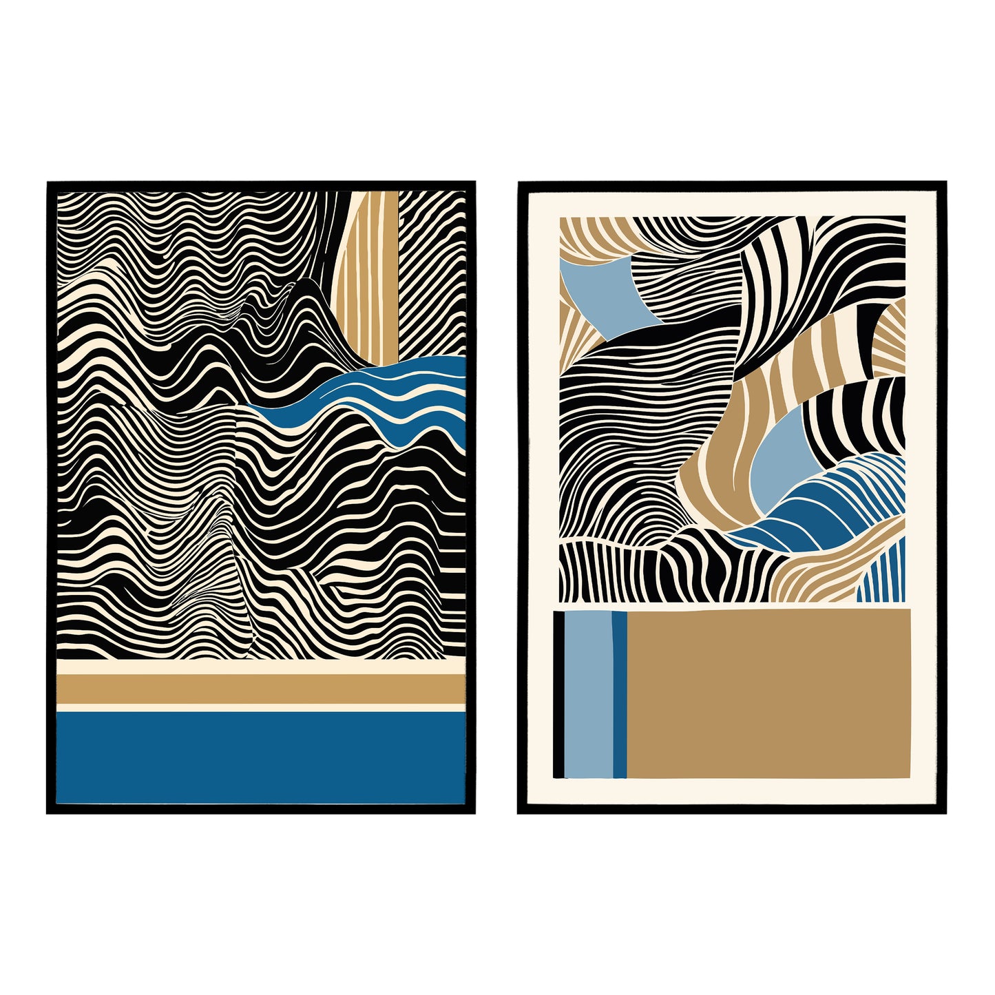 Set of 2 Blue and Beige Abstract Poster