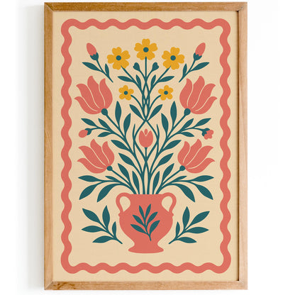 Boho Floral Vase Poster - Folk Botanical Print
