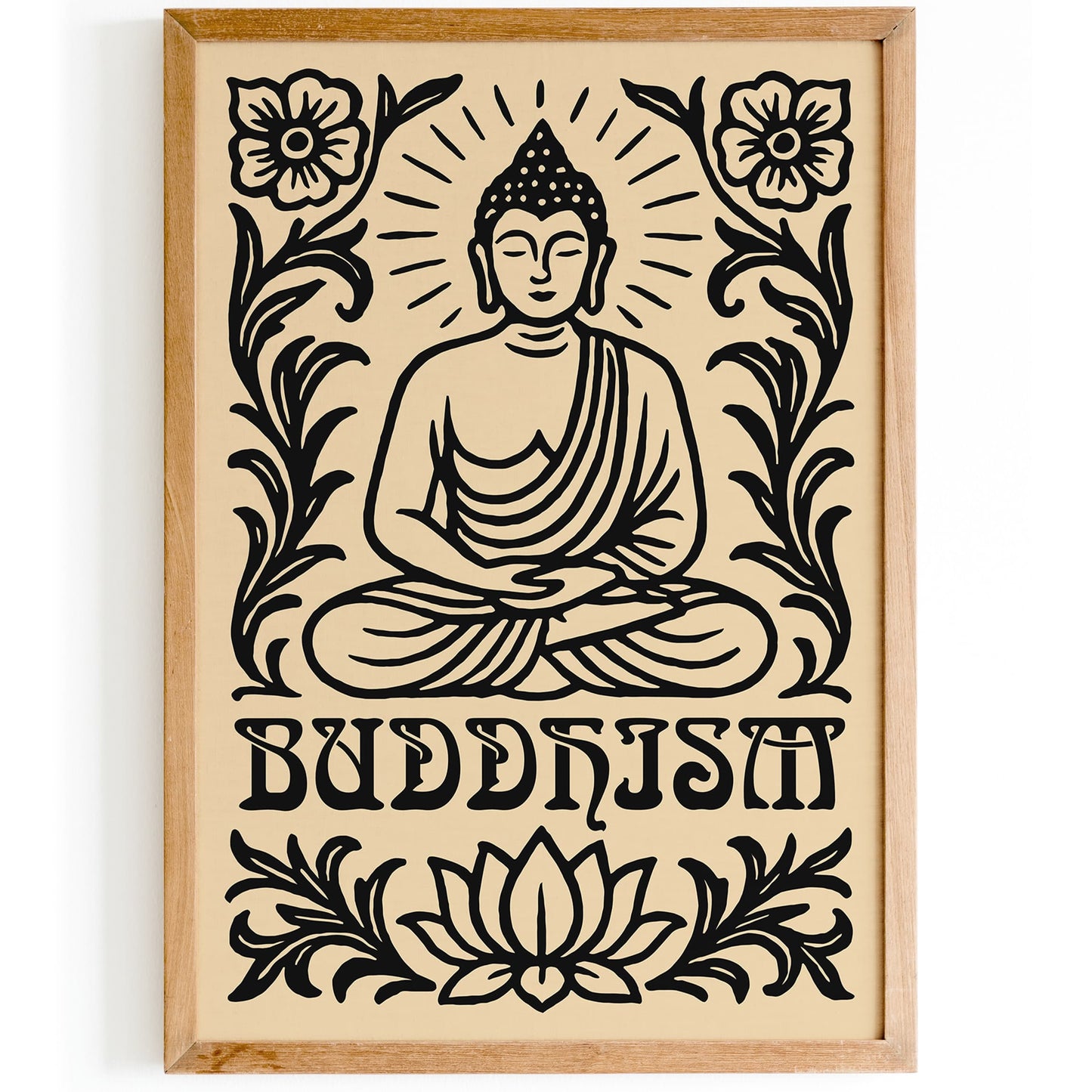 Buddhism Black Floral Art Print with Sitting Buddha