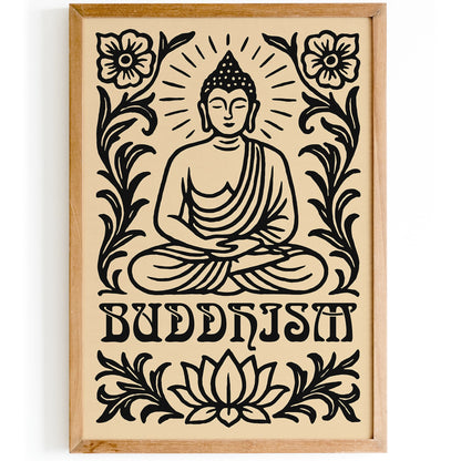 Buddhism Black Floral Art Print with Sitting Buddha