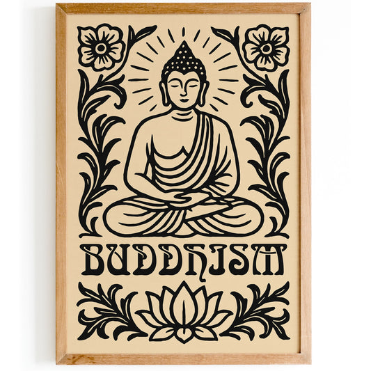Buddhism Black Floral Art Print with Sitting Buddha