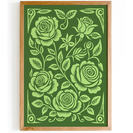 Lime Cream Roses Botanical Green Rococo Poster
