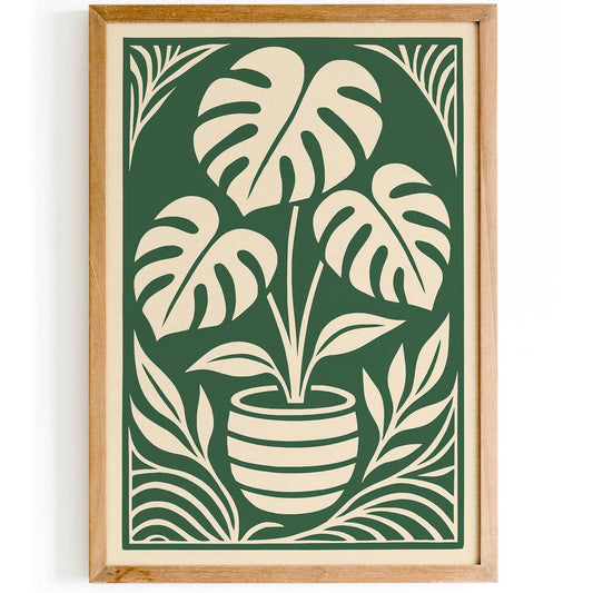 Monstera Plant in Art Deco Style - Green Plant Poster