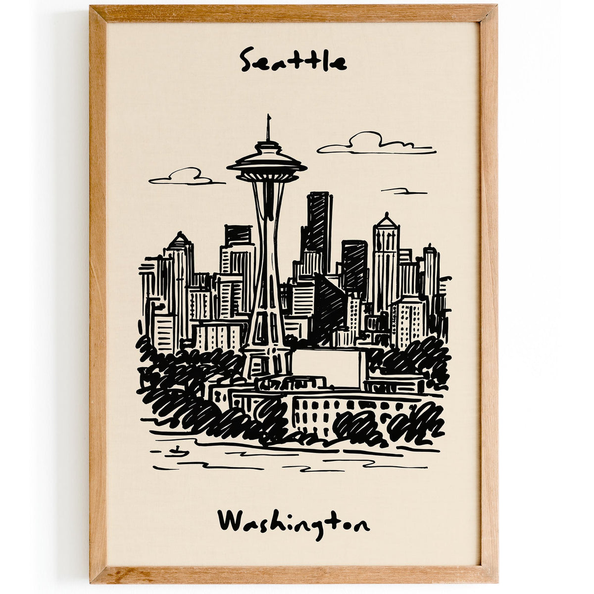Seattle Washington Black Ink Travel Poster